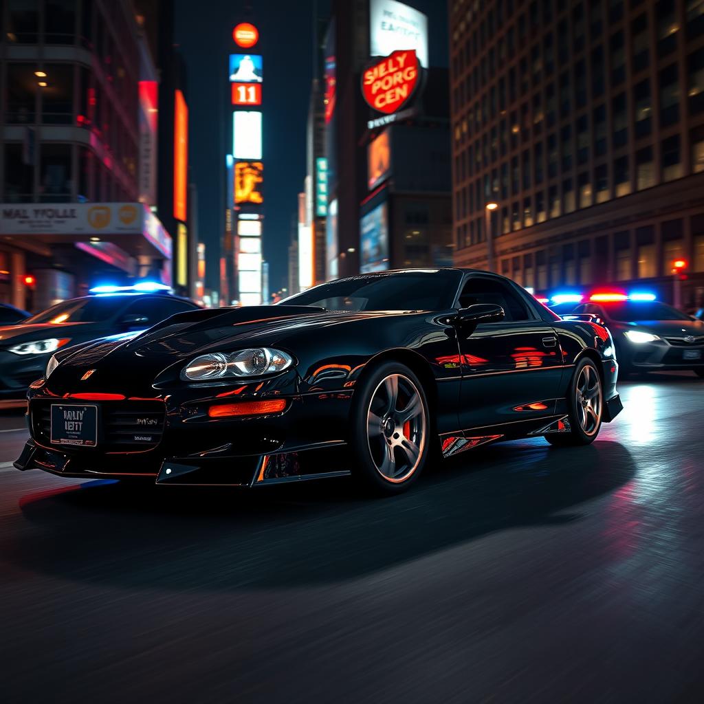 Under the illuminated New York City lights, a sleek 2002 Gloss Black Camaro SS with chrome racing rims, t-tops, red halo headlights, and striking black ground effects races through the dark city streets