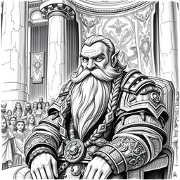 A detailed black and white drawing of a noble dwarven character seated at a grand senate chamber