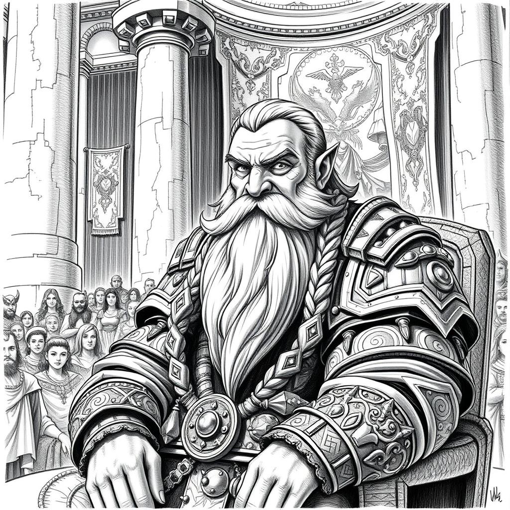 A detailed black and white drawing of a noble dwarven character seated at a grand senate chamber