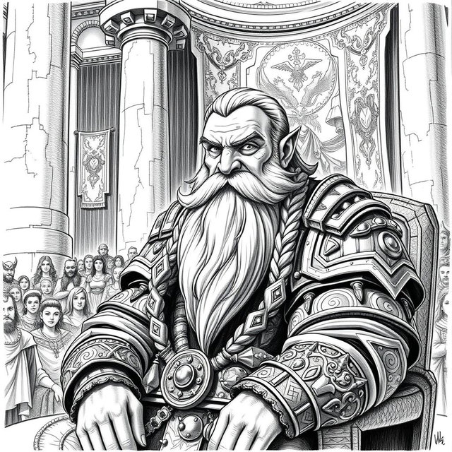 A detailed black and white drawing of a noble dwarven character seated at a grand senate chamber
