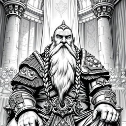 A detailed black and white drawing of a noble dwarven character seated at a grand senate chamber