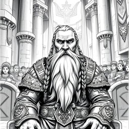 A detailed black and white drawing of a noble dwarven character seated at a grand senate chamber