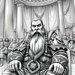 A detailed black and white drawing of a noble dwarven character seated at a grand senate chamber