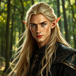 A strikingly handsome male elf, with long flowing blond hair and sharp features, exuding a sense of age and wisdom, appearing to be around 40 years old