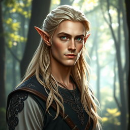 A strikingly handsome male elf, with long flowing blond hair and sharp features, exuding a sense of age and wisdom, appearing to be around 40 years old
