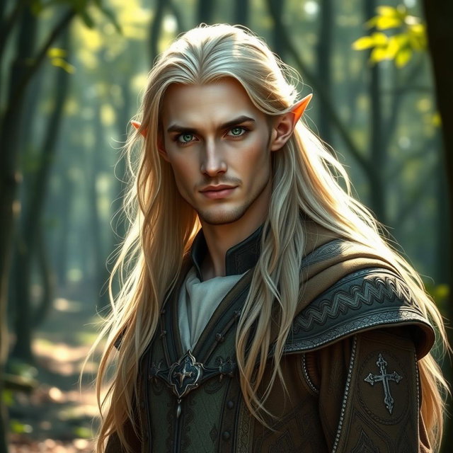 A strikingly handsome male elf, with long flowing blond hair and sharp features, exuding a sense of age and wisdom, appearing to be around 40 years old