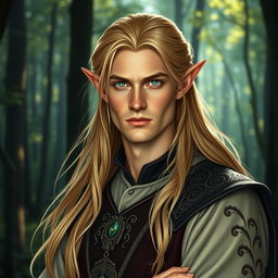 A strikingly handsome male elf, with long flowing blond hair and sharp features, exuding a sense of age and wisdom, appearing to be around 40 years old