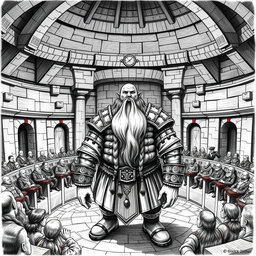 A detailed black and white drawing of a noble dwarf standing in the center of a round senate chamber