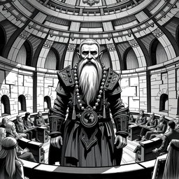A detailed black and white drawing of a noble dwarf standing in the center of a round senate chamber