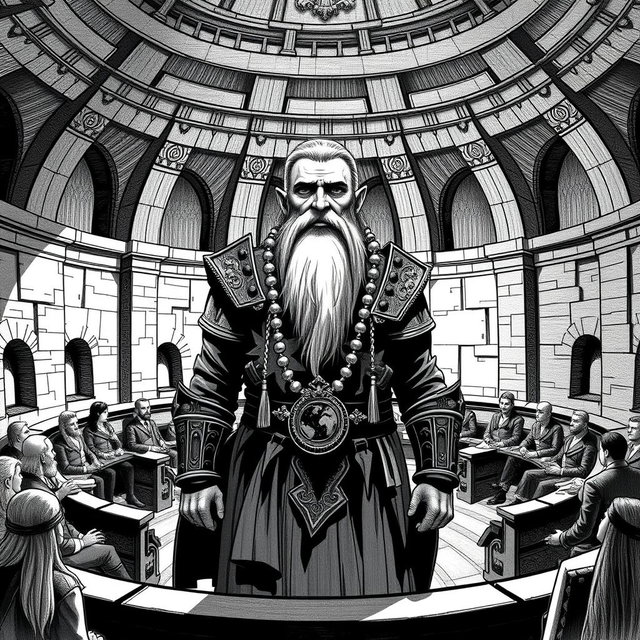 A detailed black and white drawing of a noble dwarf standing in the center of a round senate chamber