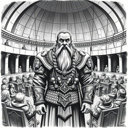 A detailed black and white drawing of a noble dwarf standing in the center of a round senate chamber