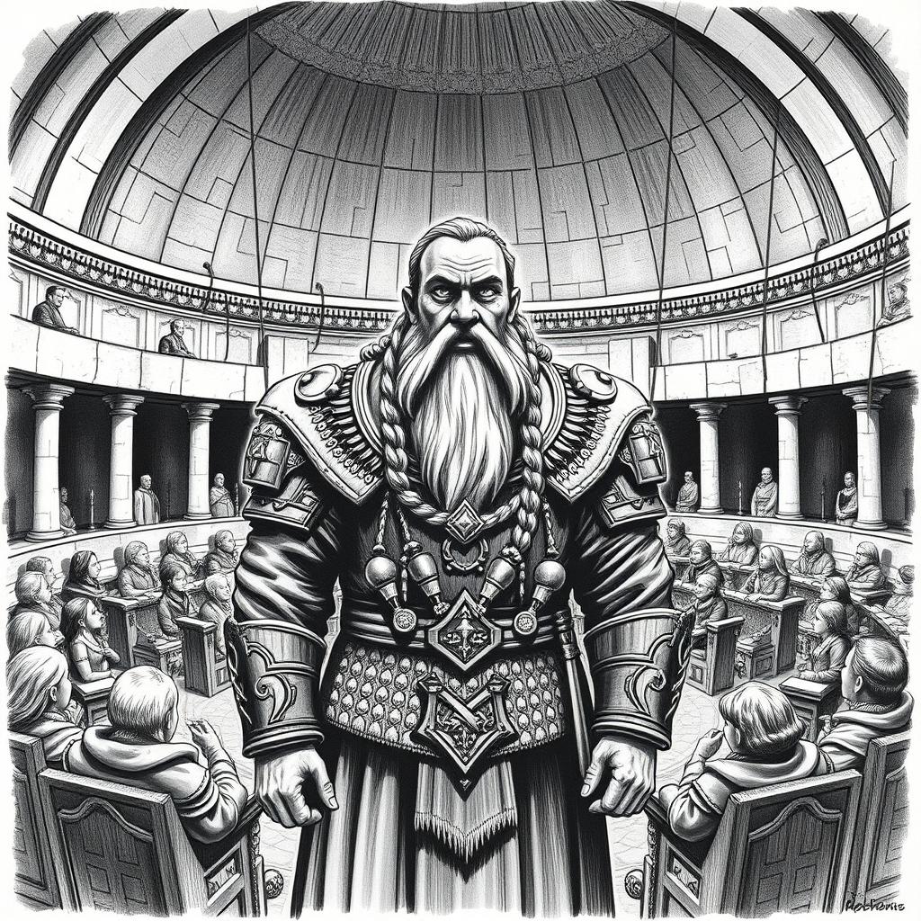 A detailed black and white drawing of a noble dwarf standing in the center of a round senate chamber