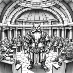 A detailed black and white drawing of a noble dwarf standing in the center of a round senate chamber