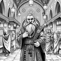 A detailed black and white drawing of a dwarf ambassador in a bustling market of a human Arabic foreign country
