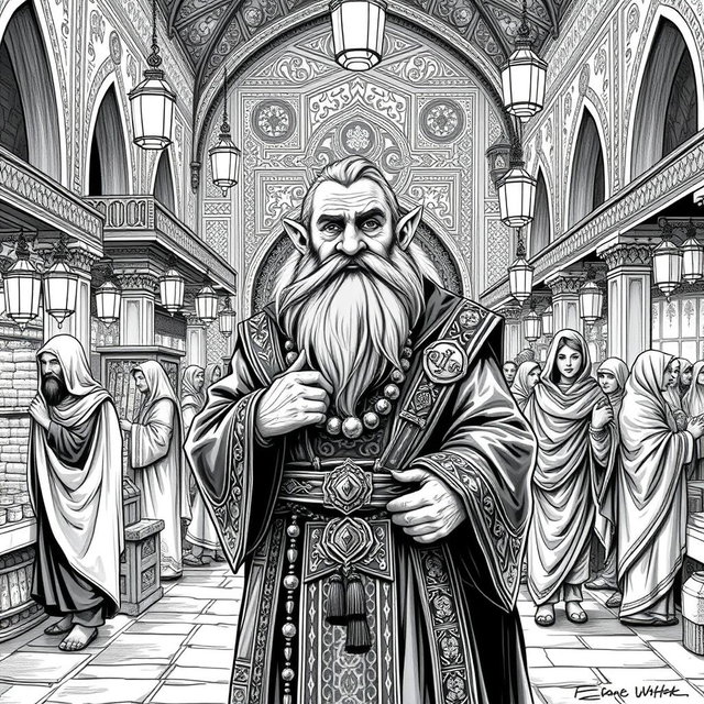 A detailed black and white drawing of a dwarf ambassador in a bustling market of a human Arabic foreign country