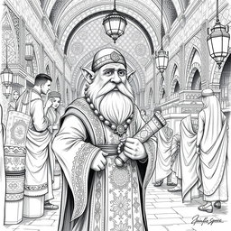 A detailed black and white drawing of a dwarf ambassador in a bustling market of a human Arabic foreign country