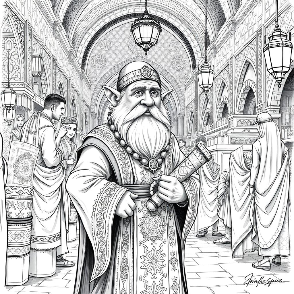 A detailed black and white drawing of a dwarf ambassador in a bustling market of a human Arabic foreign country