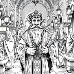 A detailed black and white drawing of a dwarf ambassador in a bustling market of a human Arabic foreign country