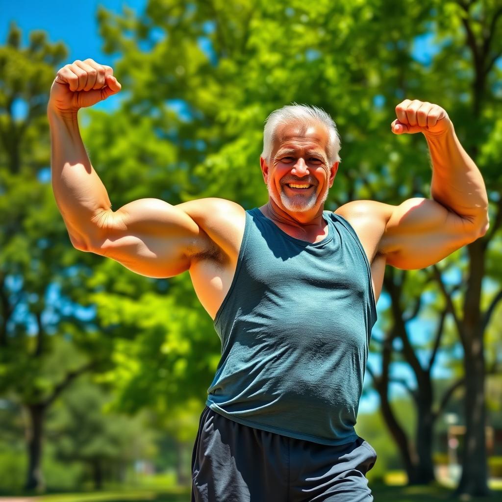 A muscular grandfather, showcasing his impressive physique, smiling proudly while flexing his biceps
