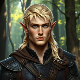 A handsome male elf with striking blond hair, appearing to be around 40 years old but ruggedly charming