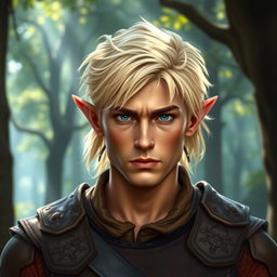 A handsome male elf with striking blond hair, appearing to be around 40 years old but ruggedly charming