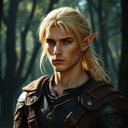 A handsome male elf with striking blond hair, appearing to be around 40 years old but ruggedly charming