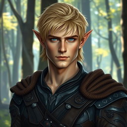 A handsome male elf with striking blond hair, appearing to be around 40 years old but ruggedly charming