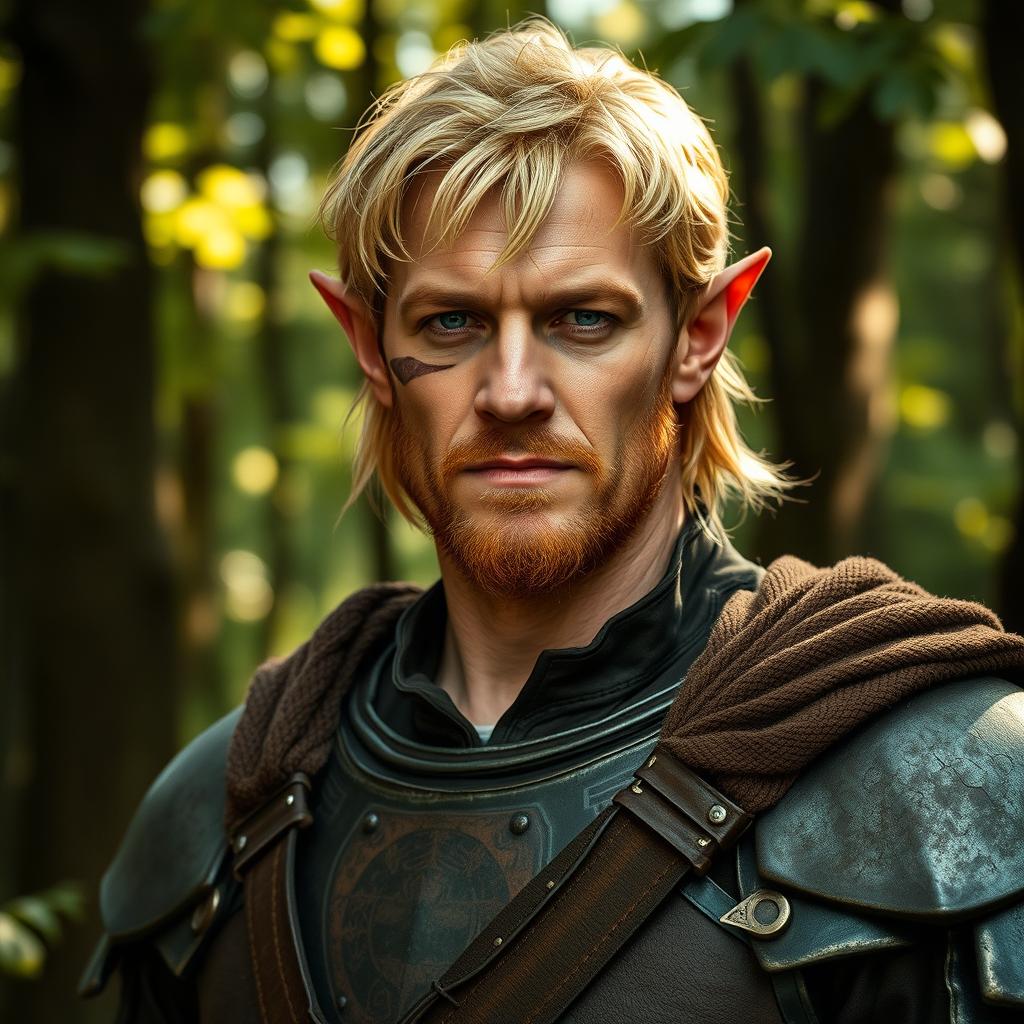 A rugged, male elf with blond hair, appearing around 40 years old