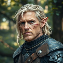 A rugged, male elf with blond hair, appearing around 40 years old