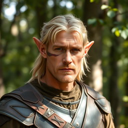 A rugged, male elf with blond hair, appearing around 40 years old