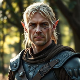 A rugged, male elf with blond hair, appearing around 40 years old