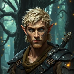 A rugged male elf with striking blond hair, appearing to be around 30 years old