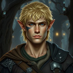 A rugged male elf with striking blond hair, appearing to be around 30 years old