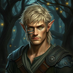 A rugged male elf with striking blond hair, appearing to be around 30 years old