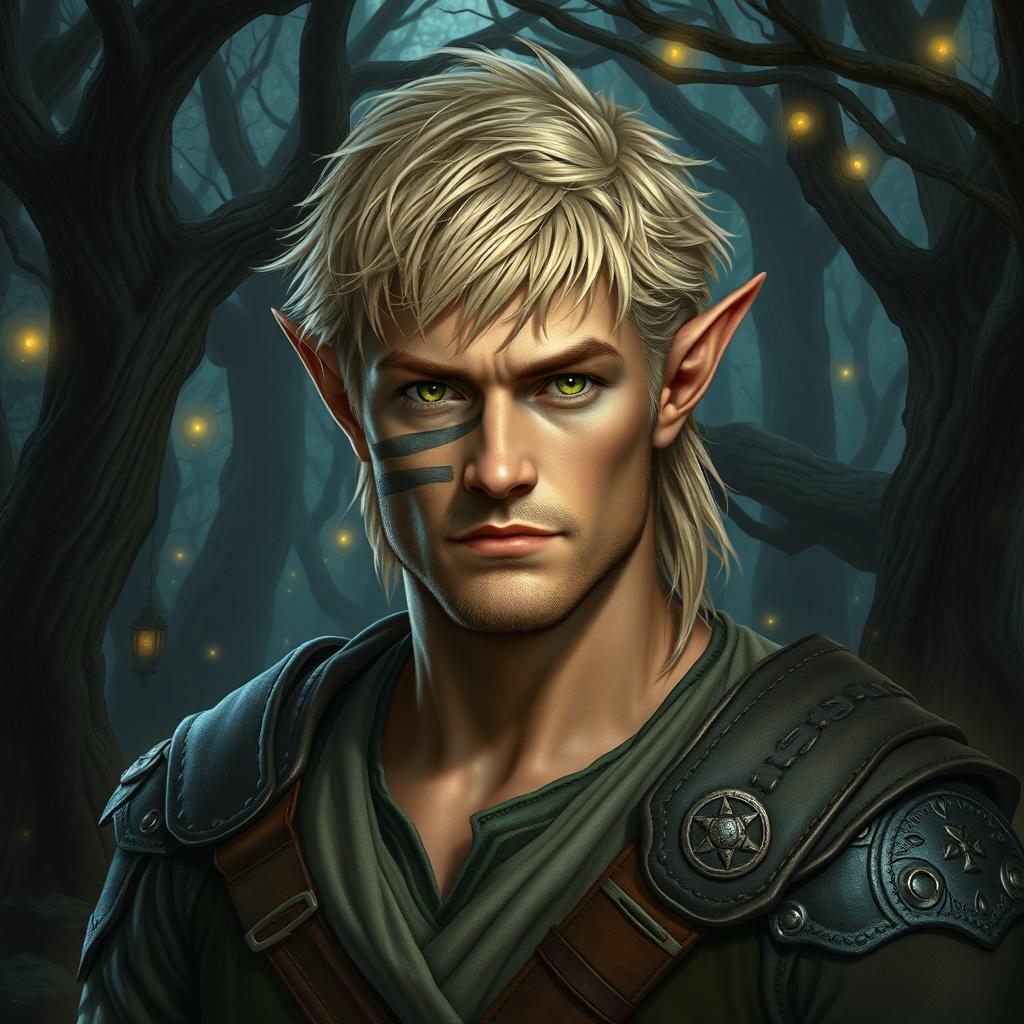 A rugged male elf with striking blond hair, appearing to be around 30 years old