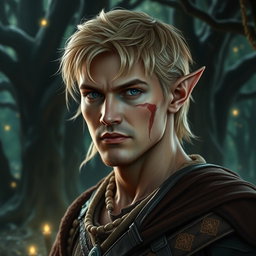 A rugged male elf with striking blond hair, appearing to be around 30 years old