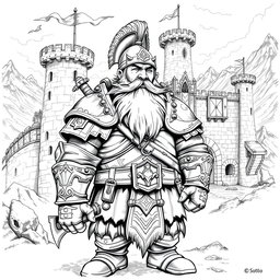 A detailed black and white drawing of a stout dwarf captain standing proudly in front of a majestic dwarven fort