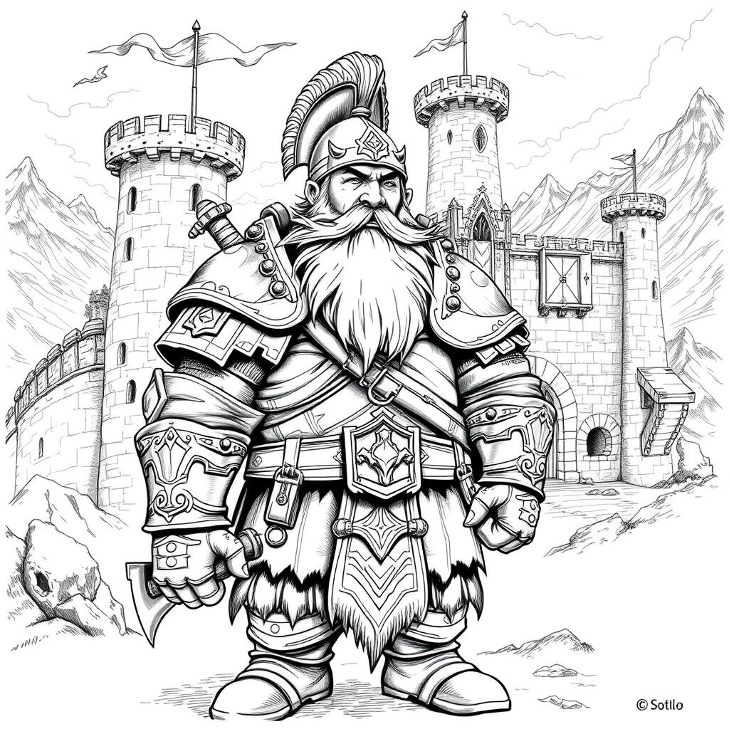 A detailed black and white drawing of a stout dwarf captain standing proudly in front of a majestic dwarven fort