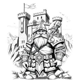 A detailed black and white drawing of a stout dwarf captain standing proudly in front of a majestic dwarven fort