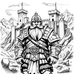 A detailed black and white drawing of a stout dwarf captain standing proudly in front of a majestic dwarven fort