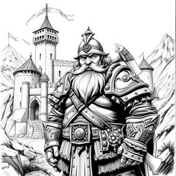 A detailed black and white drawing of a stout dwarf captain standing proudly in front of a majestic dwarven fort