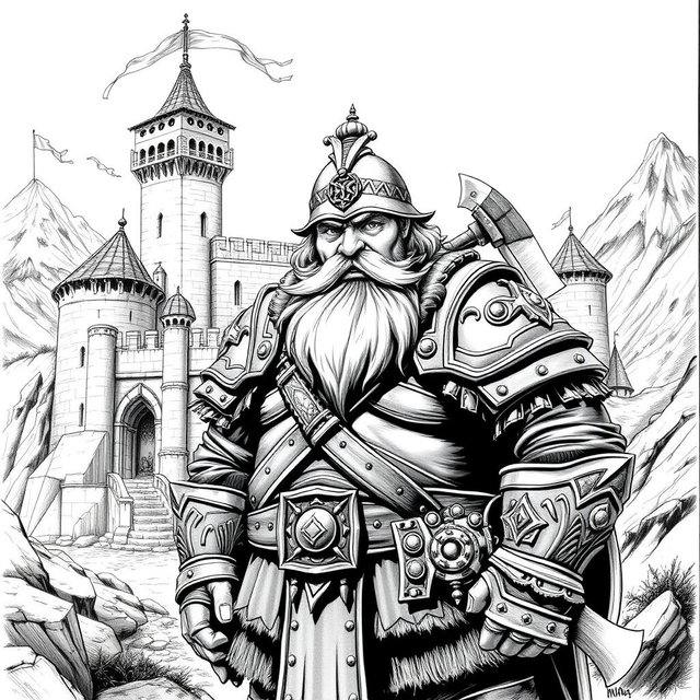 A detailed black and white drawing of a stout dwarf captain standing proudly in front of a majestic dwarven fort