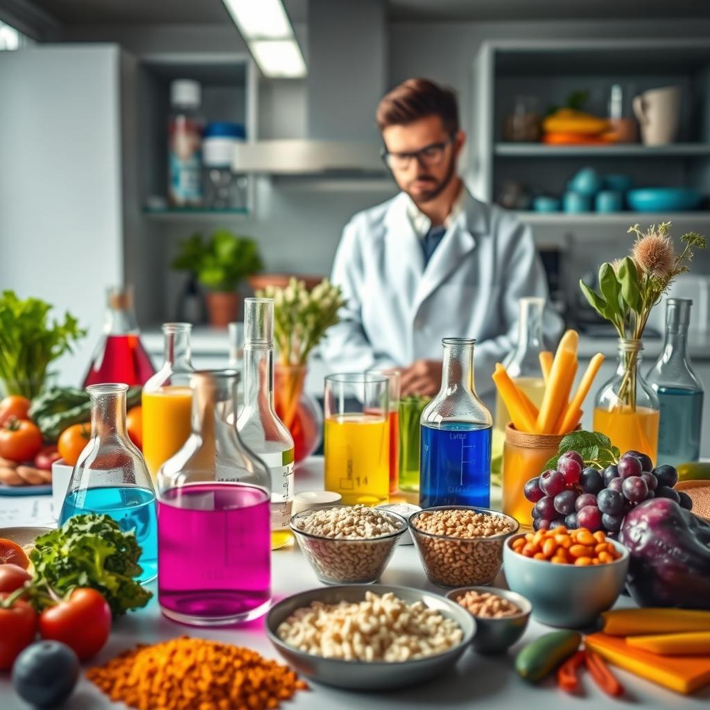 A visually striking composition showcasing the world of food science and food formulation, featuring an array of colorful ingredients such as fresh vegetables, grains, and fruits meticulously arranged on a laboratory table