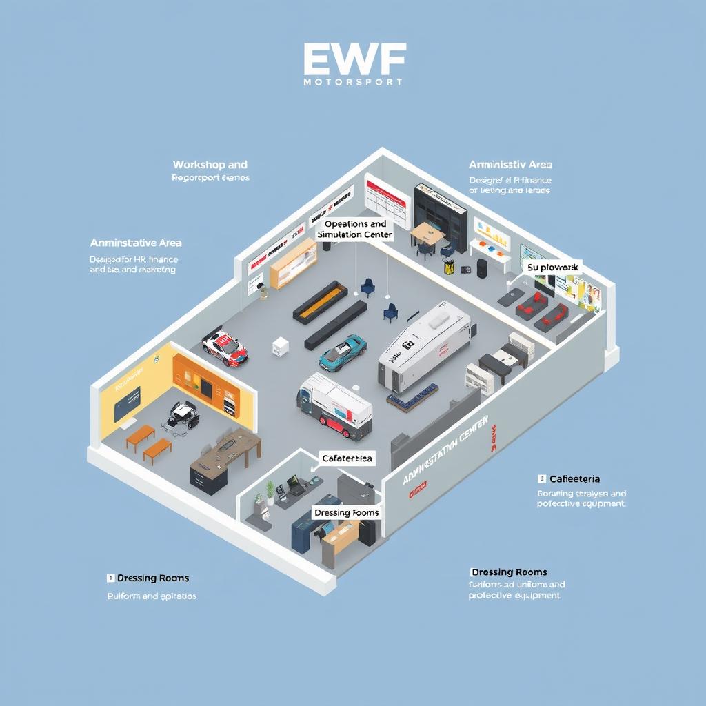 A visually engaging layout of the EWF Motorsport structure, clearly displaying the main areas without any descriptive text
