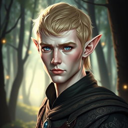 A handsome elven male of around 30 years old, featuring short ears characteristic of his kind