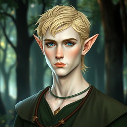 A handsome elven male of around 30 years old, featuring short ears characteristic of his kind