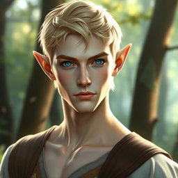 A handsome elven male of around 30 years old, featuring short ears characteristic of his kind