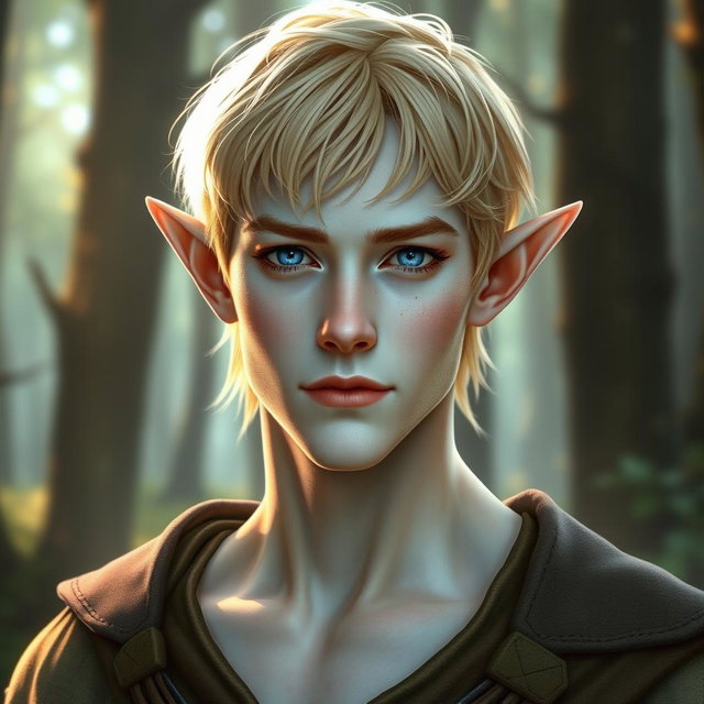A handsome elven male of around 30 years old, featuring short ears characteristic of his kind