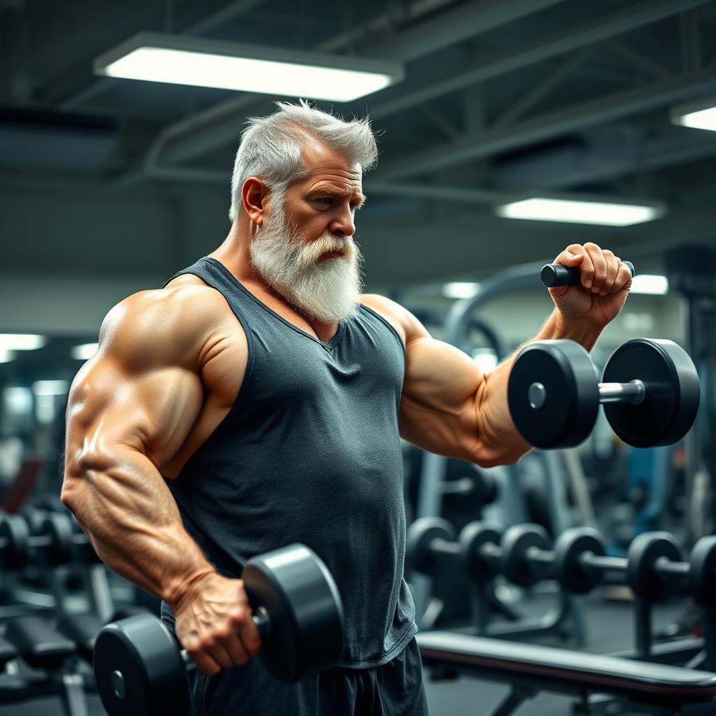 A muscular grandfather working out in a gym, showcasing his impressive physique