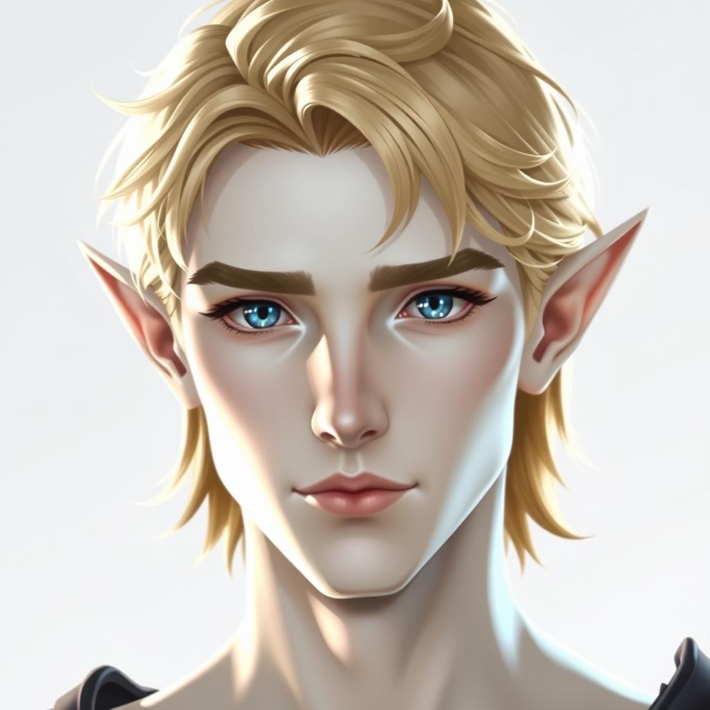 A refined elven male character with short ears, captivating blue eyes, and short blonde hair